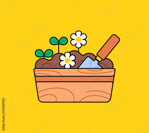 Cute vector illustration of a wooden garden box filled with soil, small sprouts, flowers, and a hand shovel. Perfect for gardening concepts, eco lifestyle, nature, sustainability, and home planting de