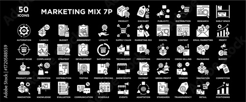 Marketing mix 7p white icon. Containing design marketing, product, business, promotion, price	