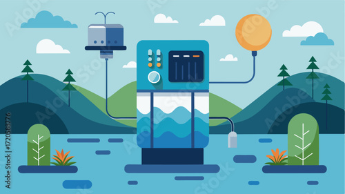 A digital water purifier ensures that the water from the lake is safe to drink giving guests peace of mind and connecting them to modern technology.. Vector illustration