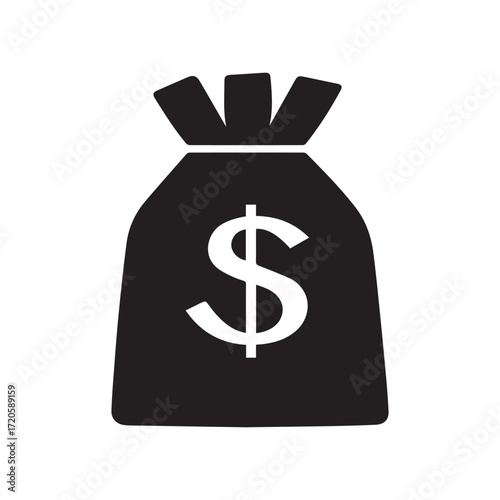 Black moneybag icon displays a bold dollar sign against a clean white background
