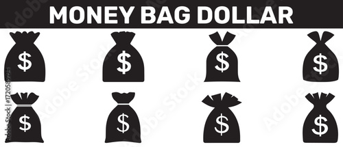 Eight black moneybags display different tie styles with the dollar symbol over white background