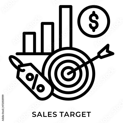 Sales Target Icon with Monochrome Outline and Dollar Symbol - This simple black line illustration features a target with an arrow hitting the center, symbolizing accuracy in achieving sales goals