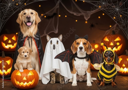 Dogs and cat in halloween costumes with pumpkins and spiderwebs behind