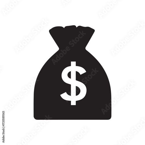 Black money bag icon showcases a prominent dollar sign on a white background