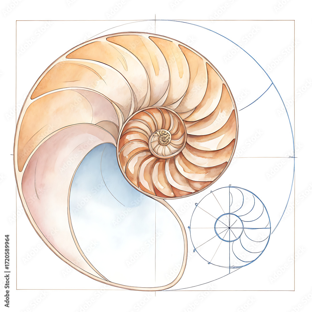 Obraz premium Elegant Spiral Shell Illustration, Nature Art, Abstract Design, Watercolor, Artistic View, Immune System Concept