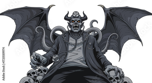 Demonic Doctor Enthroned on Skulls with Bat Wings and Tentacles.