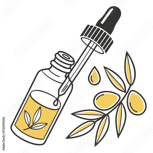 Stylized vector icon of a Moroccan argan oil bottle with golden liquid, flat design, perfect for cosmetic, skincare, and natural product illustrations.