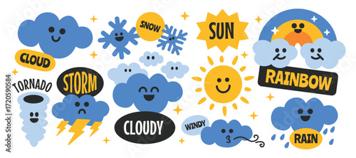 Set of cartoon weather forecast. Cloud, sun, rainbow characters elements collection.