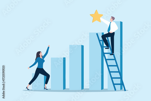Business professionals achieving success by climbing a ladder to reach a golden star on a growth chart
