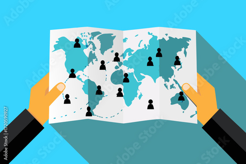 Hands holding a world map with people icons representing global connections and network