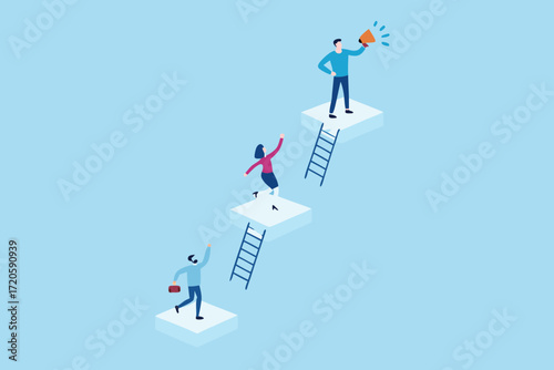 Diverse business people climb ladders to reach higher platforms symbolizing career advancement and success