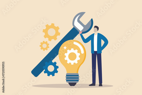 Man holding a wrench near a lightbulb with gears symbolizing innovation and mechanical engineering solutions