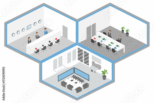 Isometric view of modern office spaces including a reception area conference rooms and a meeting room