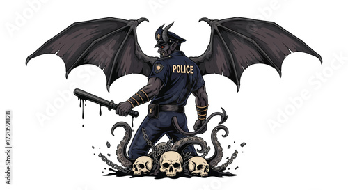 Winged Demon Police Officer with Skulls Chains and Ominous Baton.