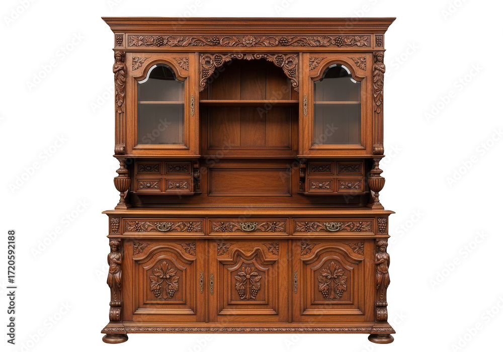 Fototapeta premium Antique wooden hutch isolated on transparent background, with ornate carvings