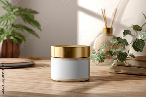 Elegant Cream Jar on Wooden Table with Greenery and Soft Light