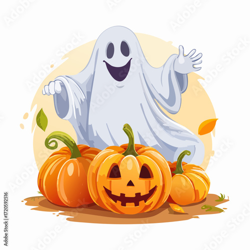Happy Halloween A Friendly Ghost, Pumpkins, and Autumn Leaves in a Vibrant Illustration