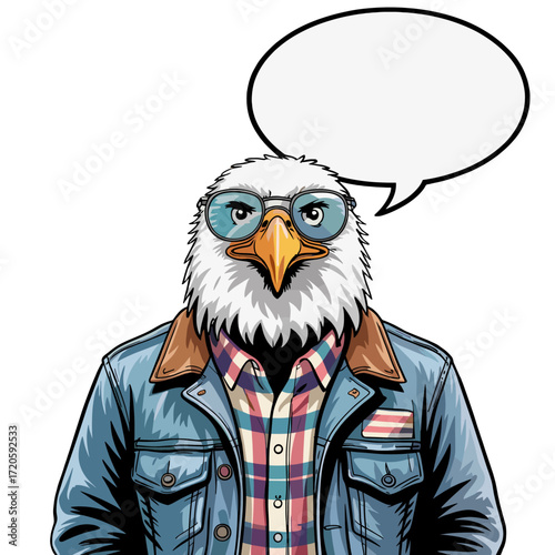 Cool cartoon line art eagle wearing glasses and denim jacket delivers a speech in a casual setting