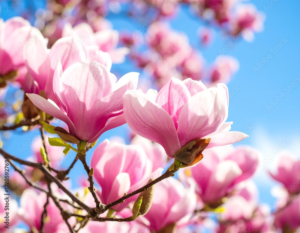 Fototapeta premium Pink magnolia blossoms against a bright blue sky