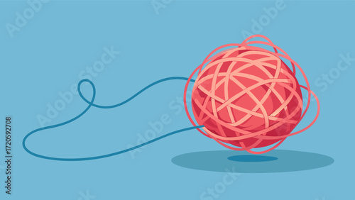 A tangled ball of yarn unravels into a neat and organized string symbolizing the unravelling of chaotic thoughts and emotions through mindfulness practices taught at a workshop.. Vector illustration