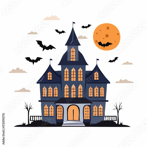 A spooky haunted mansion illustration with flying bats and a full orange moon, perfect for Halloween celebrations