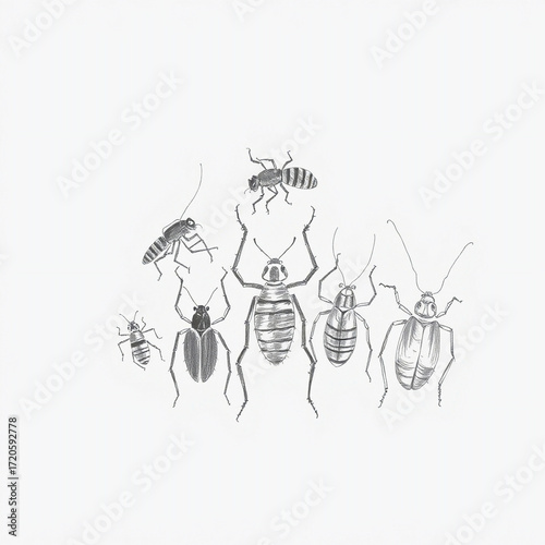 Wallpaper Mural Hand-drawn sketch of silhouetted invertebrates against a white background, backlighting creates a strong contrast, rough pencil strokes add texture Torontodigital.ca