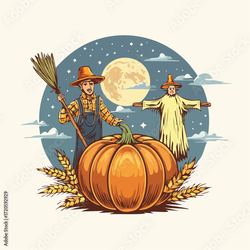 A cheerful farmer stands beside a giant pumpkin and a scarecrow under a full moon, celebrating the harvest season