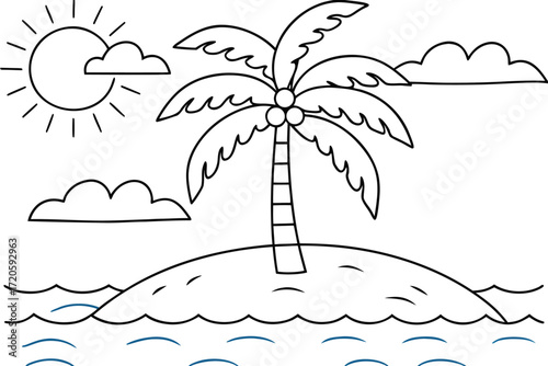 Cartoon Line Art of a Tropical Island with Palm Tree Sun and Clouds Keywords: island, palm tree, ocean, water, waves, sun, sky, clouds, tropical