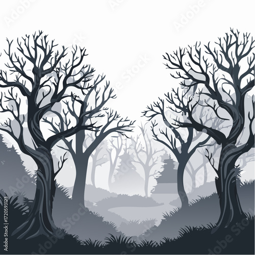 Vector Illustration of Spooky and Misty Forest Landscape with Leafless Trees