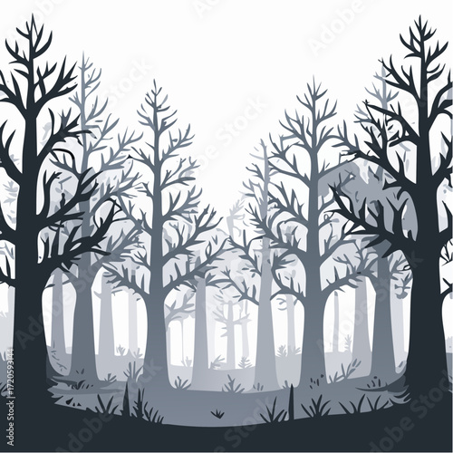Mysterious and desolate forest landscape featuring bare, dark trees silhouetted against a stark, light background, creating an atmospheric and graphic depiction of winter nature's quiet solitude