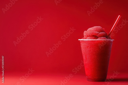 Red slush drink in clear plastic cup with straw on matching background. Perfect for ads, summer promotions, and a refreshing treat design.