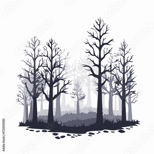 Silhouette of a dark forest with bare trees on a hazy background, evoking a sense of mystery and isolation in nature