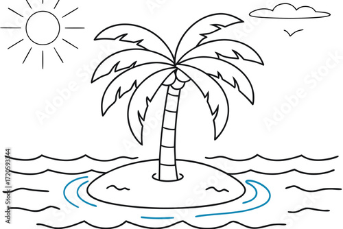 Simple Line Drawing of a Tropical Island with Palm Tree and Sun Keywords: island, palm tree, ocean, water, waves, sun, sky, cloud, bird, tropical