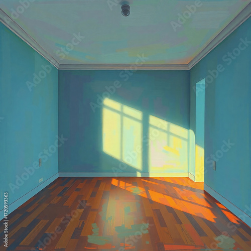 High-resolution photograph of an empty room, bold acrylic painting style, warm golden hour light, cool blues, greens, and purples, textured brushstrokes, vibrant colors.