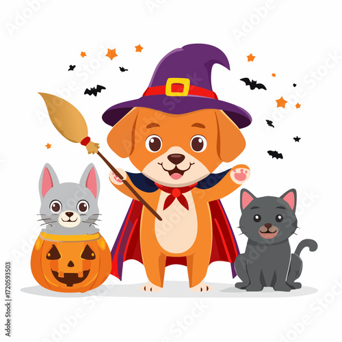 Charming Halloween illustration depicting a happy dog in a wizard costume with a broom, joined by two friendly cats and a carved pumpkin