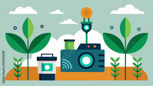 AIpowered cameras that continuously monitor plant growth and health providing valuable data for farmers to make informed decisions about crop management.. Vector illustration