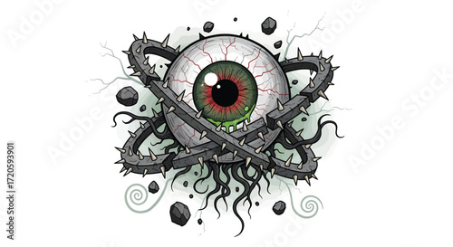 A Grungy Spiky Eye Orbiting in a Cosmic Horror Design.