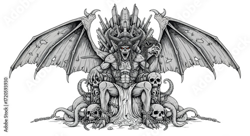Demonic King on a Throne of Skulls with Damaged Wings and Tentacles.