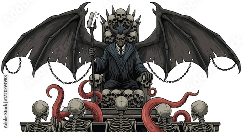 Horned Devil King on Skull Throne with Wings Tentacles and Skeleton Audience.