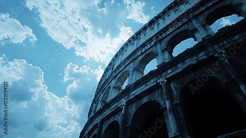 modern real photo of the colosseum in Rome, with blue sky and clouds, without people in the background, during the day