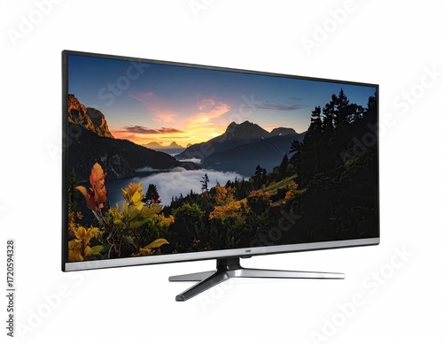 Curved Landscape Display Showing a Sunset Over Mountains