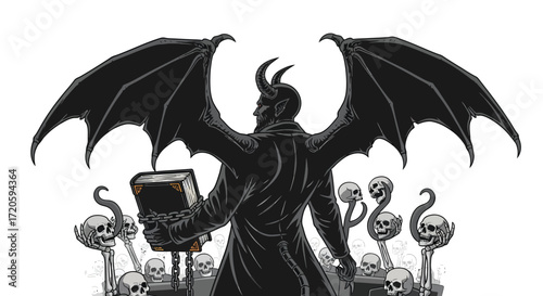 Winged Devil with Horns Holding a Chained Book Amidst Skulls.