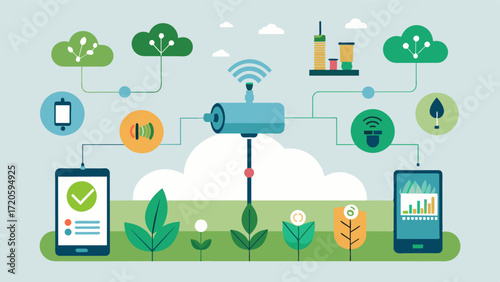 A smart irrigation system that collects and analyzes data from multiple sources to create a personalized watering schedule for each crop conserving water and optimizing harvest. Vector illustration
