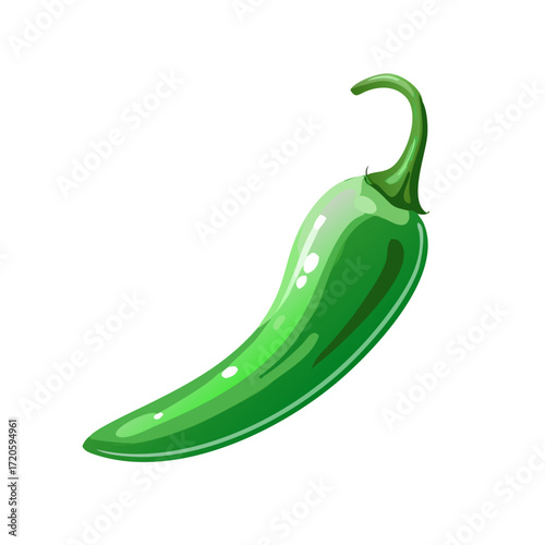 Shiny green jalapeño pepper with curved stem isolated on a transparent background vegetable