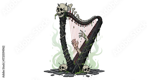 Macabre Harp with Skull Bones and Reaching Zombie Hands.