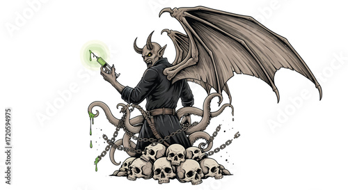 Demonic Figure with Syringe Tentacles and Skulls.