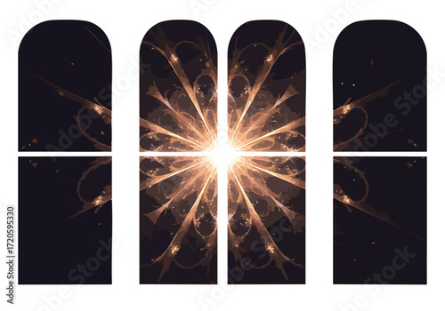 Abstract Radiant Light Burst Design in Elegant Arched Windows