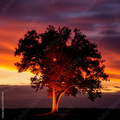 Wallpaper Mural Long exposure photography, glowing tree in dramatic sunset sky, capturing motion or light trails Torontodigital.ca