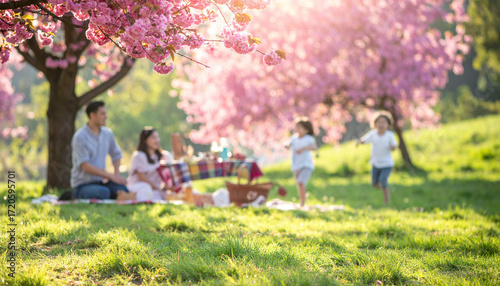Family enjoying a picnic under blooming cherry trees in spring.