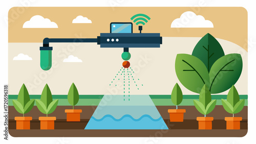 A precision irrigation system automatically adjusting water delivery based on realtime data from soil moisture sensors in the field.. Vector illustration